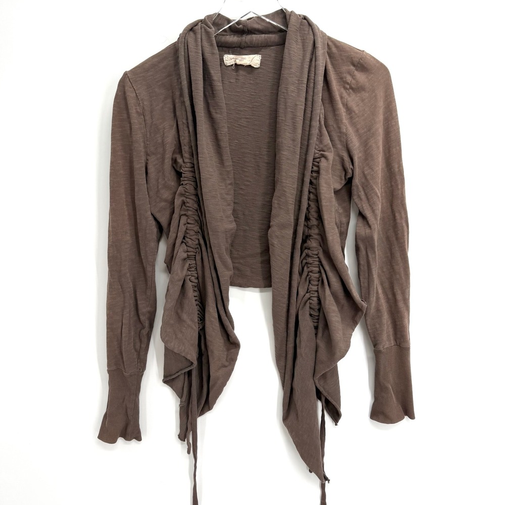 Lilka Anthropologie Ruched Slub Knit Cardigan Size M Lagenlook Brown Boho Artsy